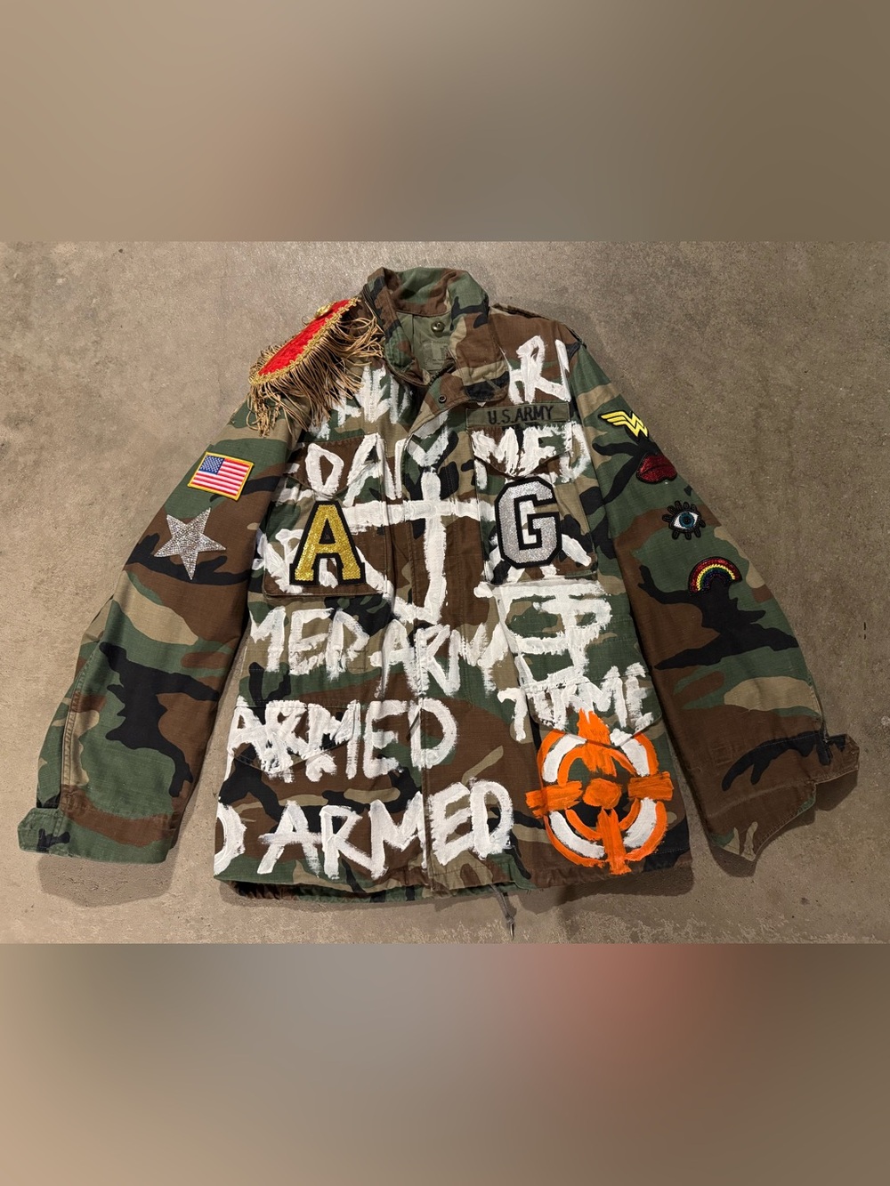 Armed & Glamorous Custom Painted Camo Military Jacket with Patches - Green Brown